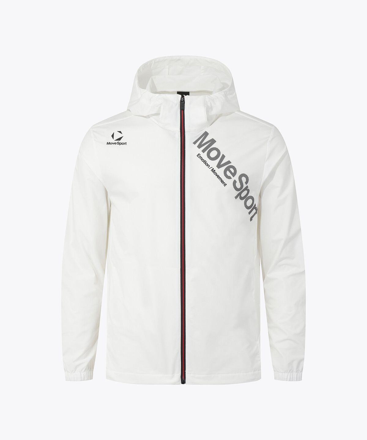 무브스포츠 바이 데상트(MOVESPORT BY DESCENTE) 워딩 그래픽 우븐 후드형 바람막이 자켓 화이트 VS123EWB11