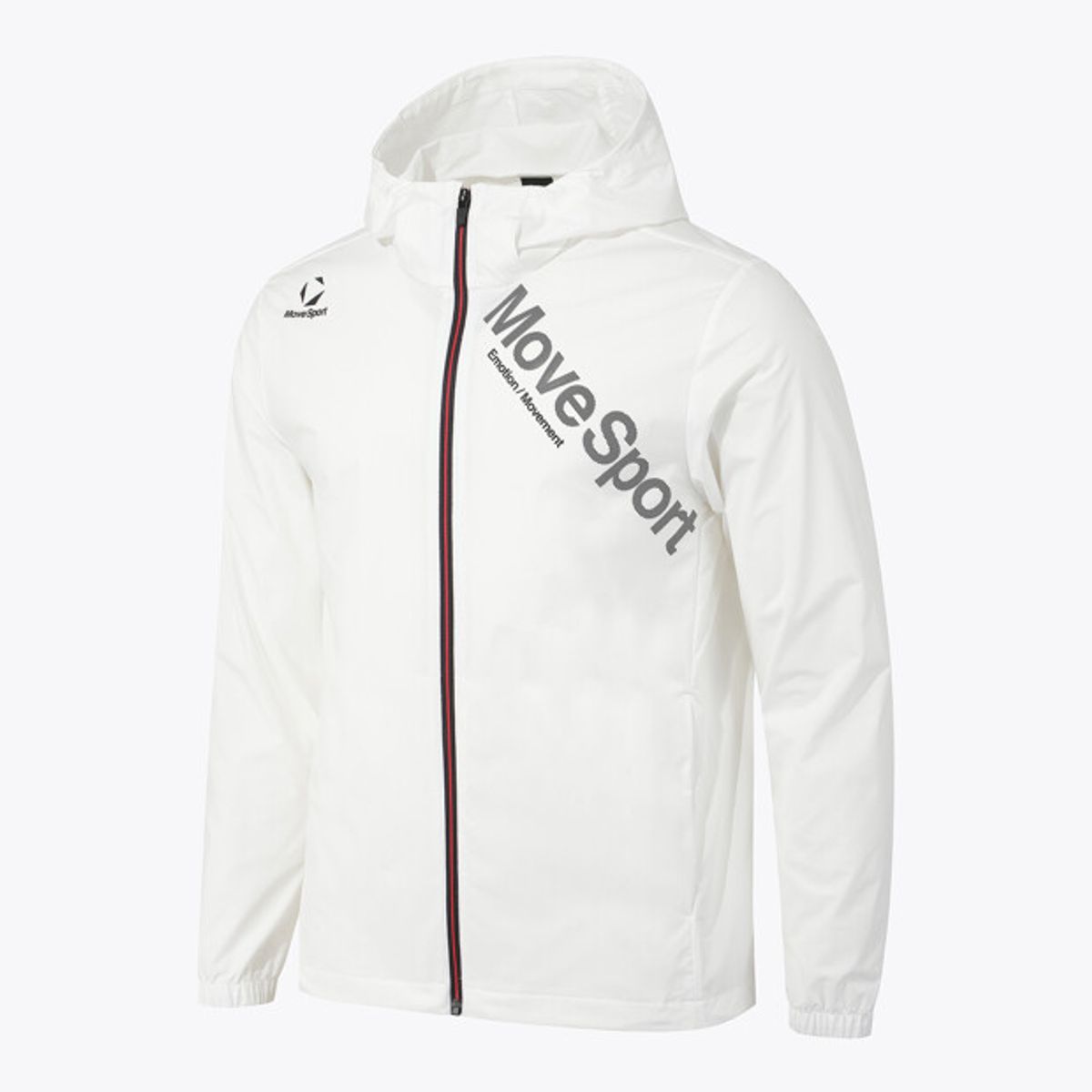 무브스포츠 바이 데상트(MOVESPORT BY DESCENTE) 워딩 그래픽 우븐 후드형 바람막이 자켓 화이트 VS123EWB11