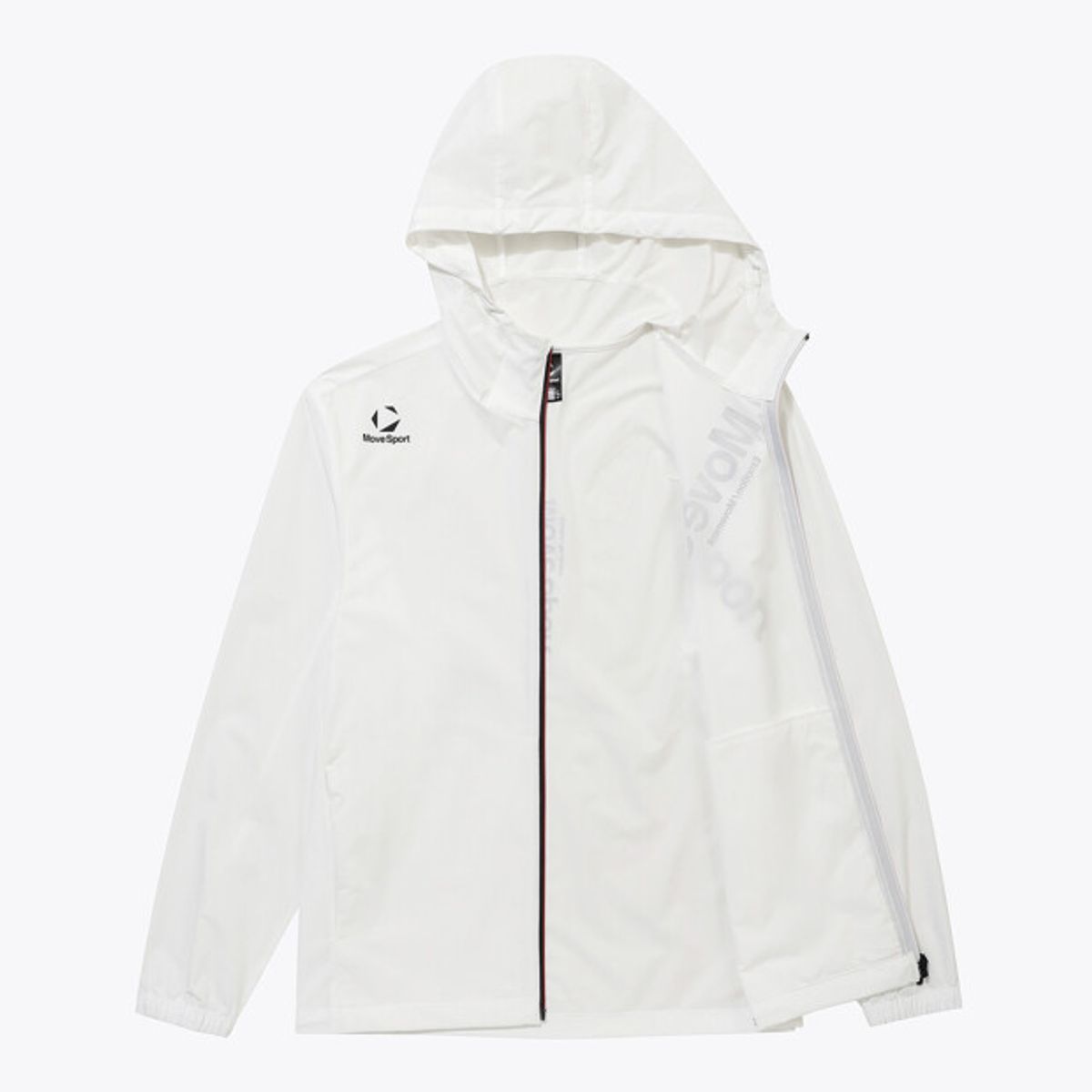 무브스포츠 바이 데상트(MOVESPORT BY DESCENTE) 워딩 그래픽 우븐 후드형 바람막이 자켓 화이트 VS123EWB11