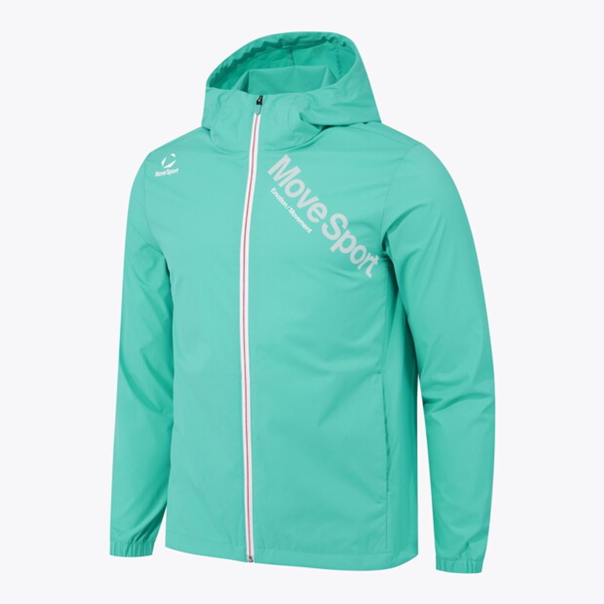 무브스포츠 바이 데상트(MOVESPORT BY DESCENTE) 워딩 그래픽 우븐 후드형 바람막이 자켓 민트 VS123EWB11