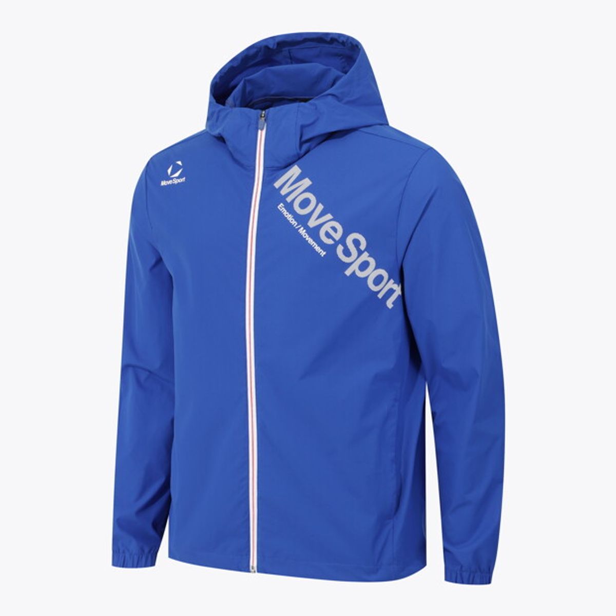 무브스포츠 바이 데상트(MOVESPORT BY DESCENTE) 워딩 그래픽 우븐 후드형 바람막이 자켓 블루 VS123EWB11