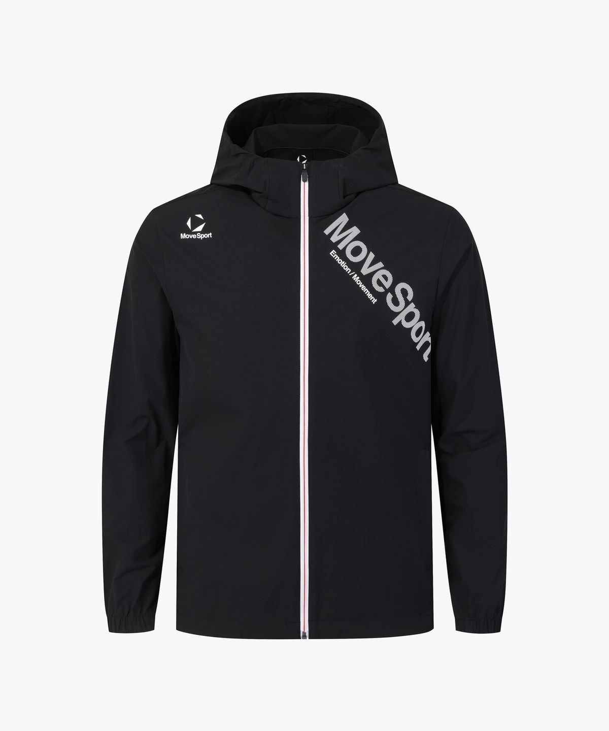 무브스포츠 바이 데상트(MOVESPORT BY DESCENTE) 워딩 그래픽 우븐 후드형 바람막이 자켓 블랙 VS123EWB11