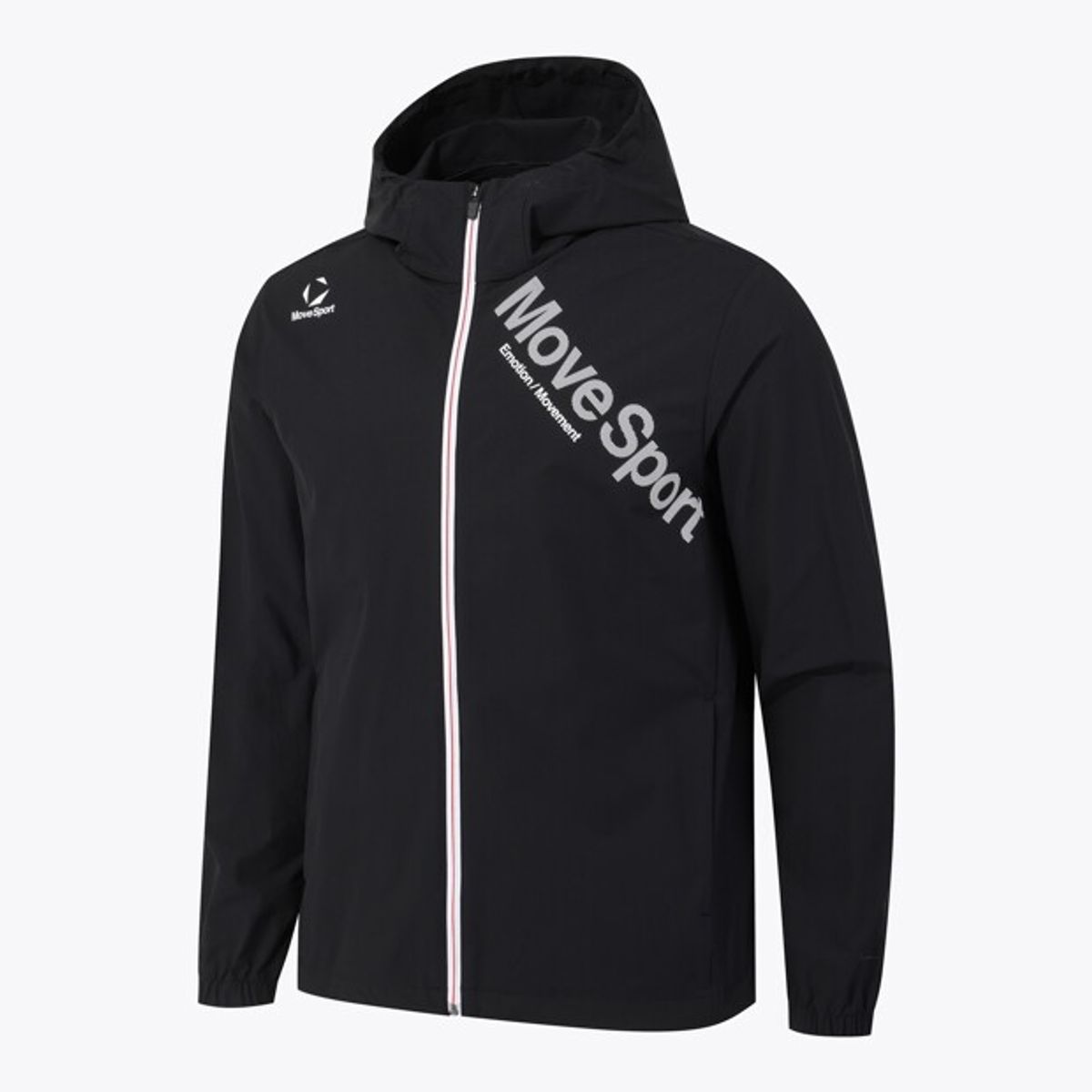 무브스포츠 바이 데상트(MOVESPORT BY DESCENTE) 워딩 그래픽 우븐 후드형 바람막이 자켓 블랙 VS123EWB11