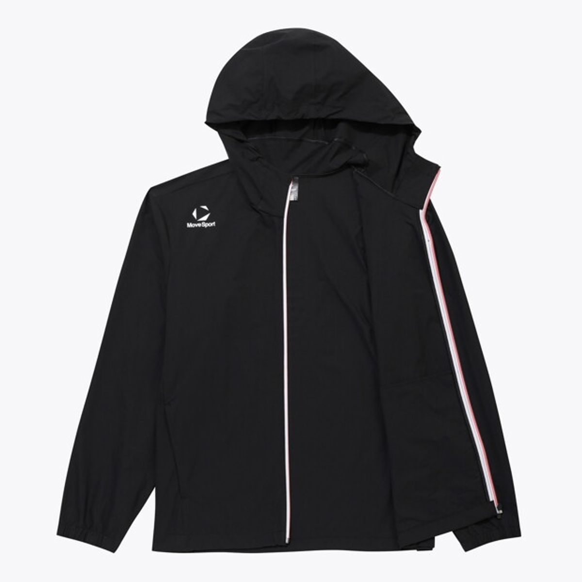 무브스포츠 바이 데상트(MOVESPORT BY DESCENTE) 워딩 그래픽 우븐 후드형 바람막이 자켓 블랙 VS123EWB11