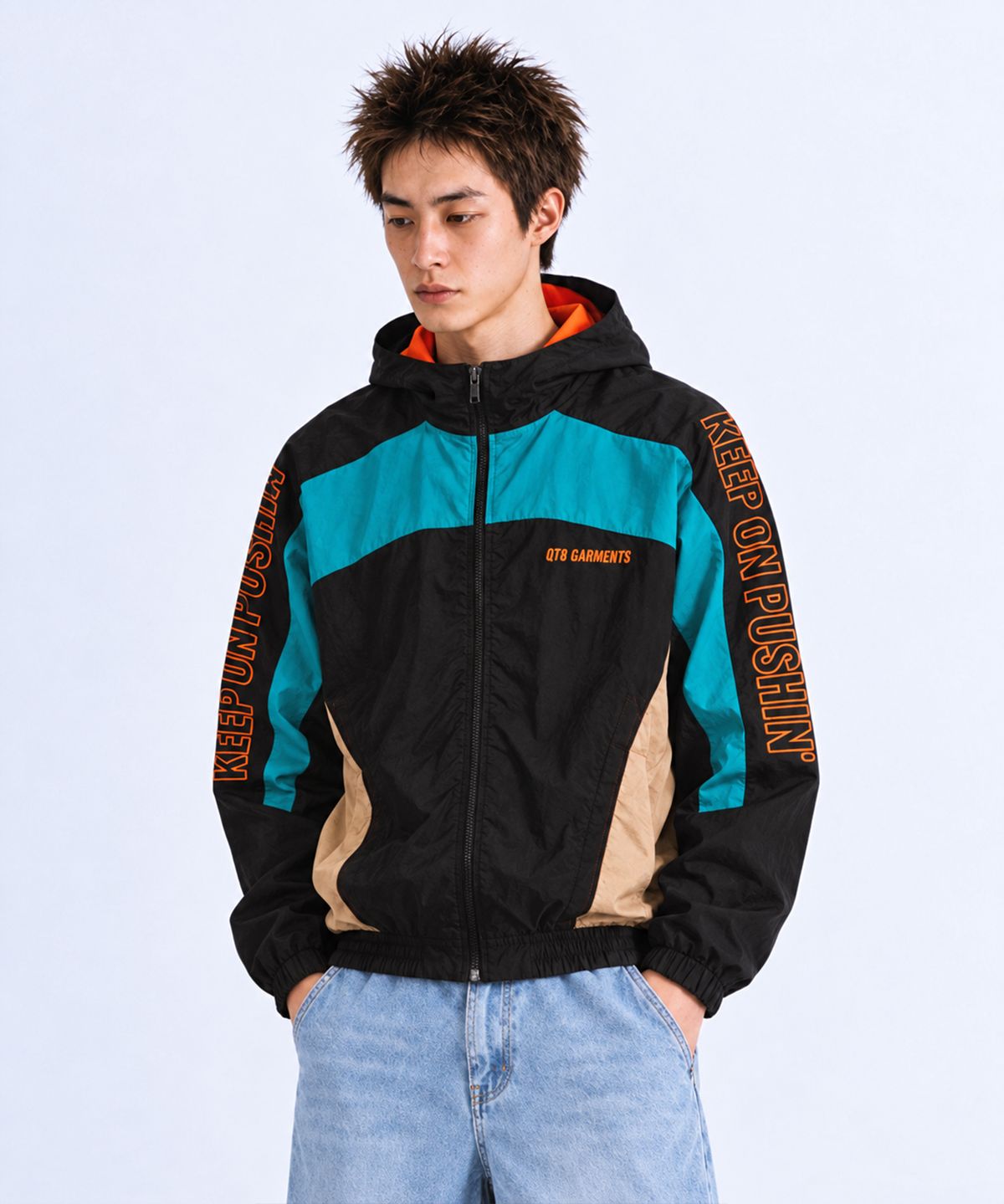 큐티에잇 가먼츠(QT8 GARMENTS) MF Retro Hooded Track Jacket (Black/Bluegreen/Orange)