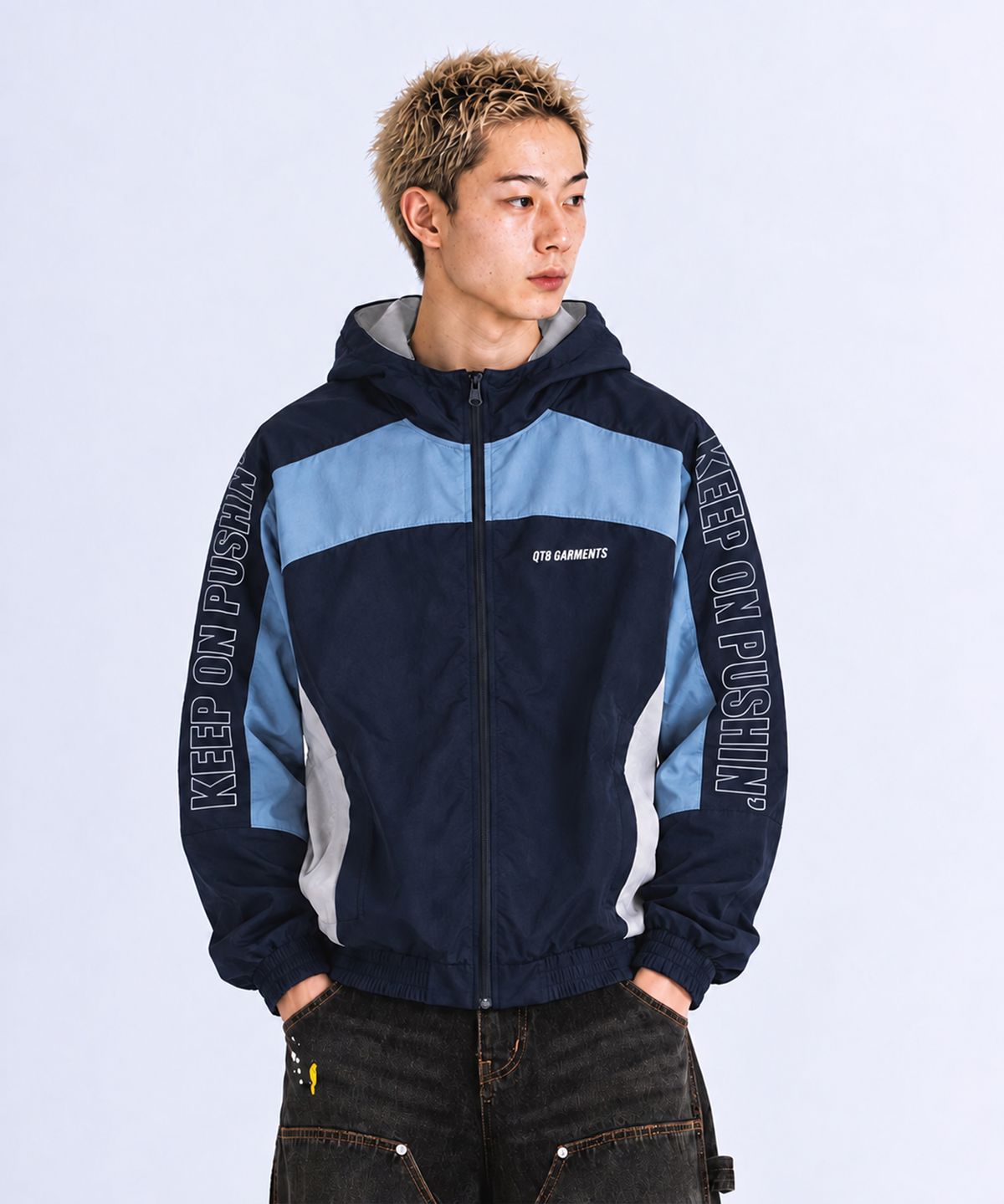 큐티에잇 가먼츠(QT8 GARMENTS) MF Retro Hooded Track Jacket (Navy/Skyblue/Grey)
