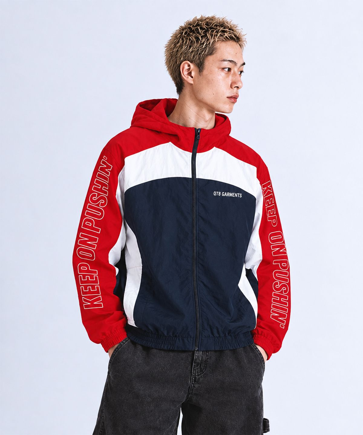 큐티에잇 가먼츠(QT8 GARMENTS) MF Retro Hooded Track Jacket (Red/Ivory/Navy)