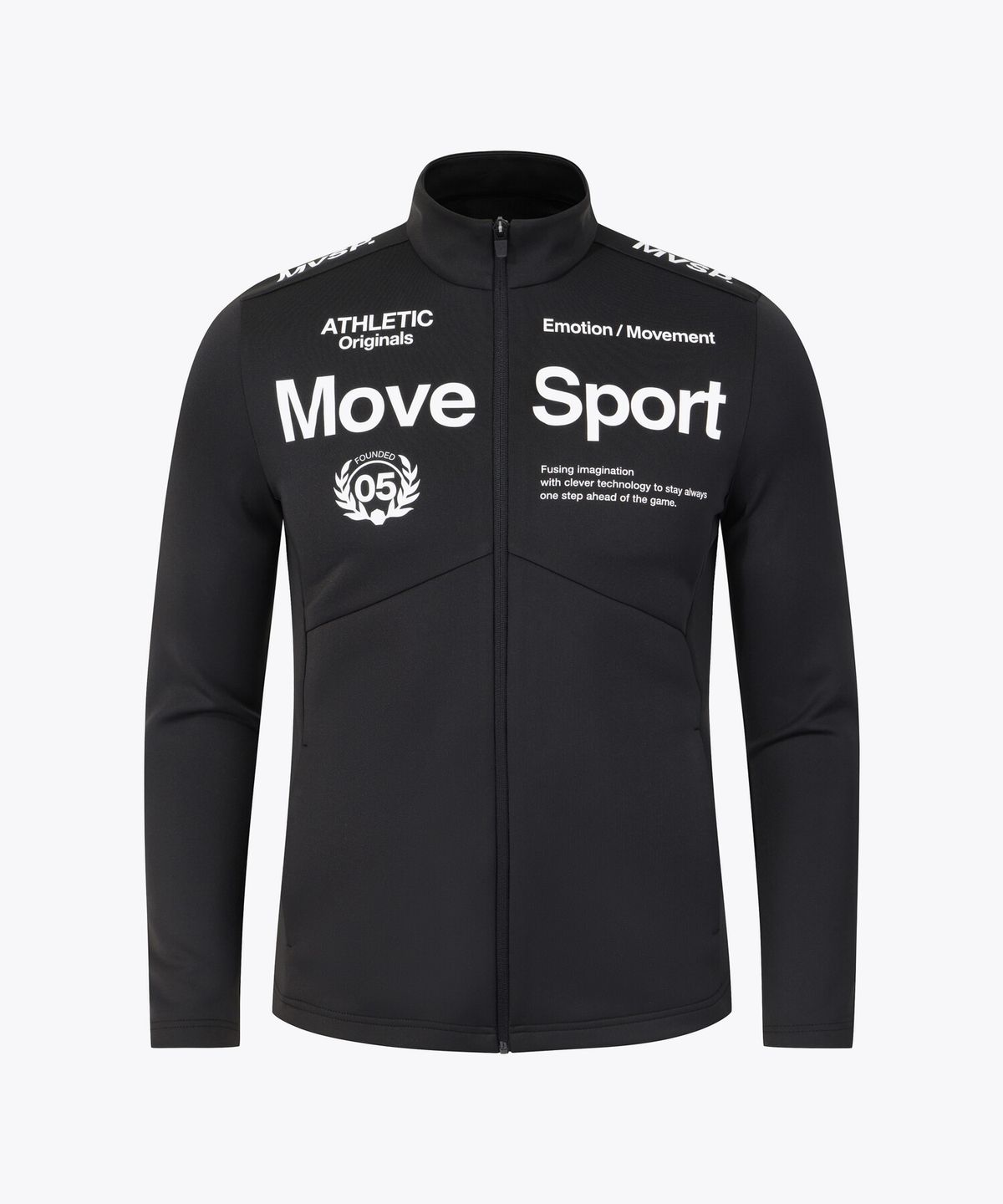 무브스포츠 바이 데상트(MOVESPORT BY DESCENTE) 워딩 그래픽 스탠드넥 트레이닝 자켓 블랙 VS121EFT11