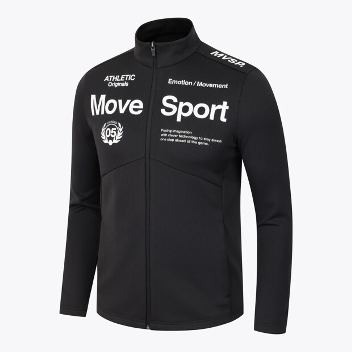 무브스포츠 바이 데상트(MOVESPORT BY DESCENTE) 워딩 그래픽 스탠드넥 트레이닝 자켓 블랙 VS121EFT11