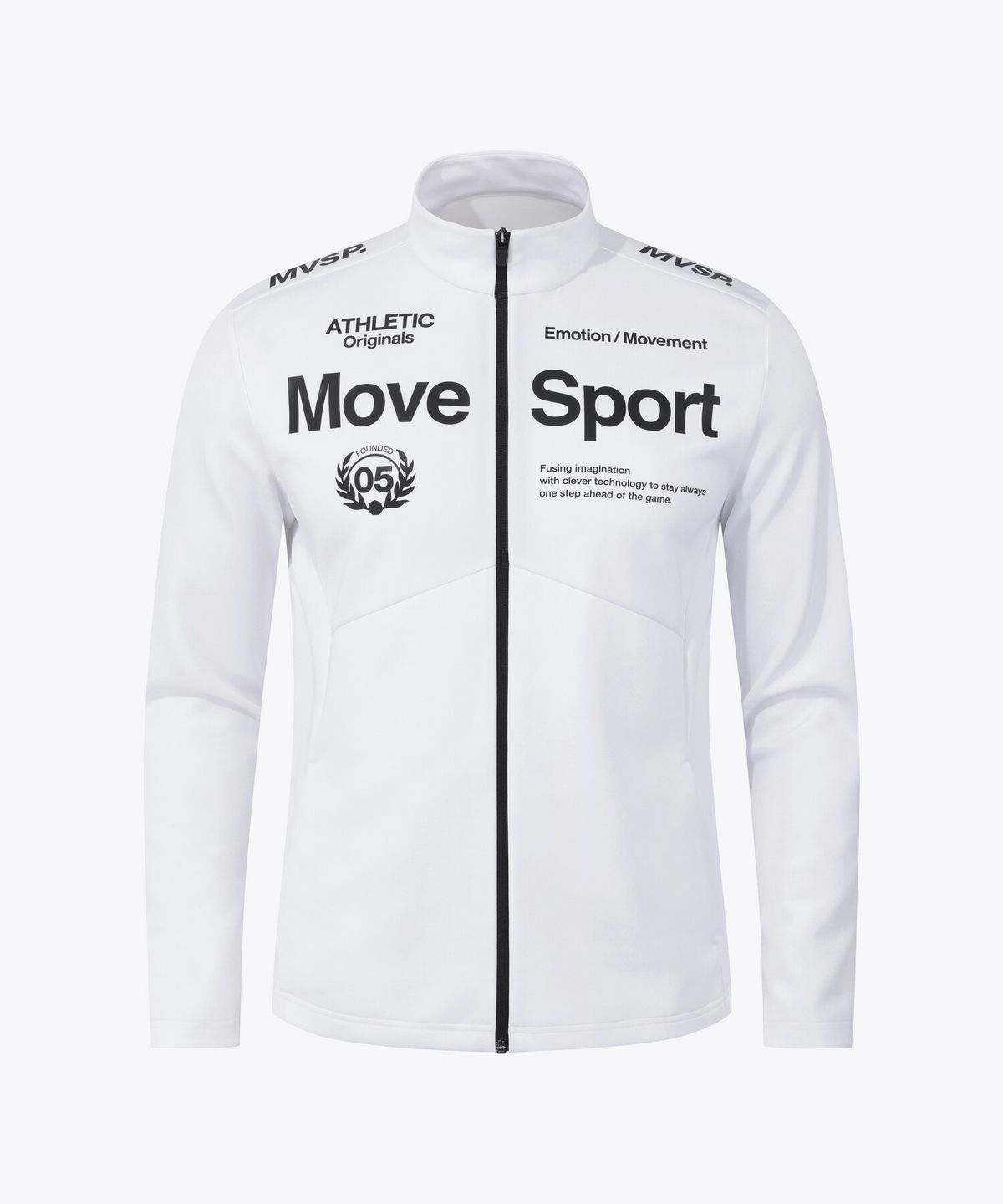 무브스포츠 바이 데상트(MOVESPORT BY DESCENTE) 워딩 그래픽 스탠드넥 트레이닝 자켓 화이트 VS121EFT11