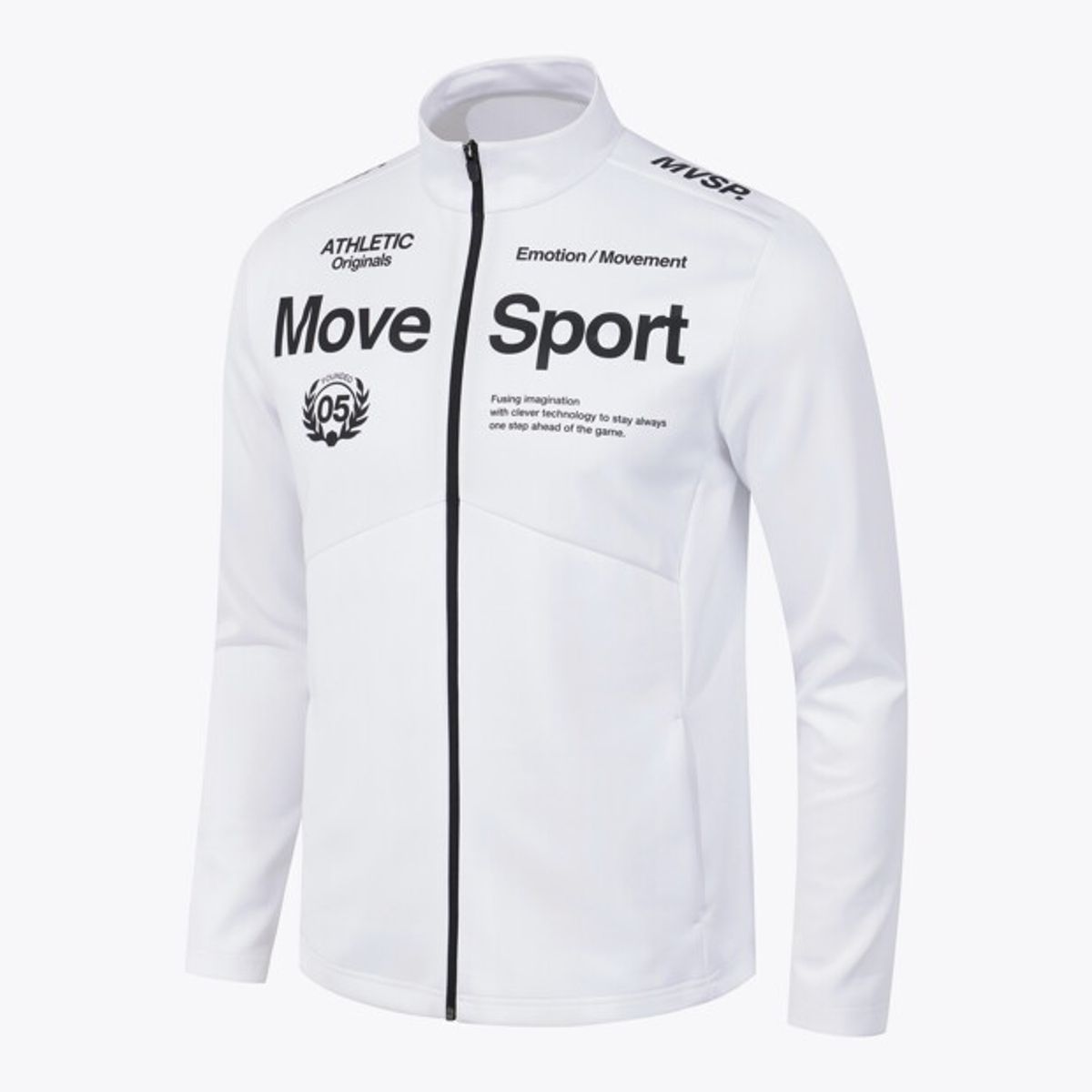 무브스포츠 바이 데상트(MOVESPORT BY DESCENTE) 워딩 그래픽 스탠드넥 트레이닝 자켓 화이트 VS121EFT11