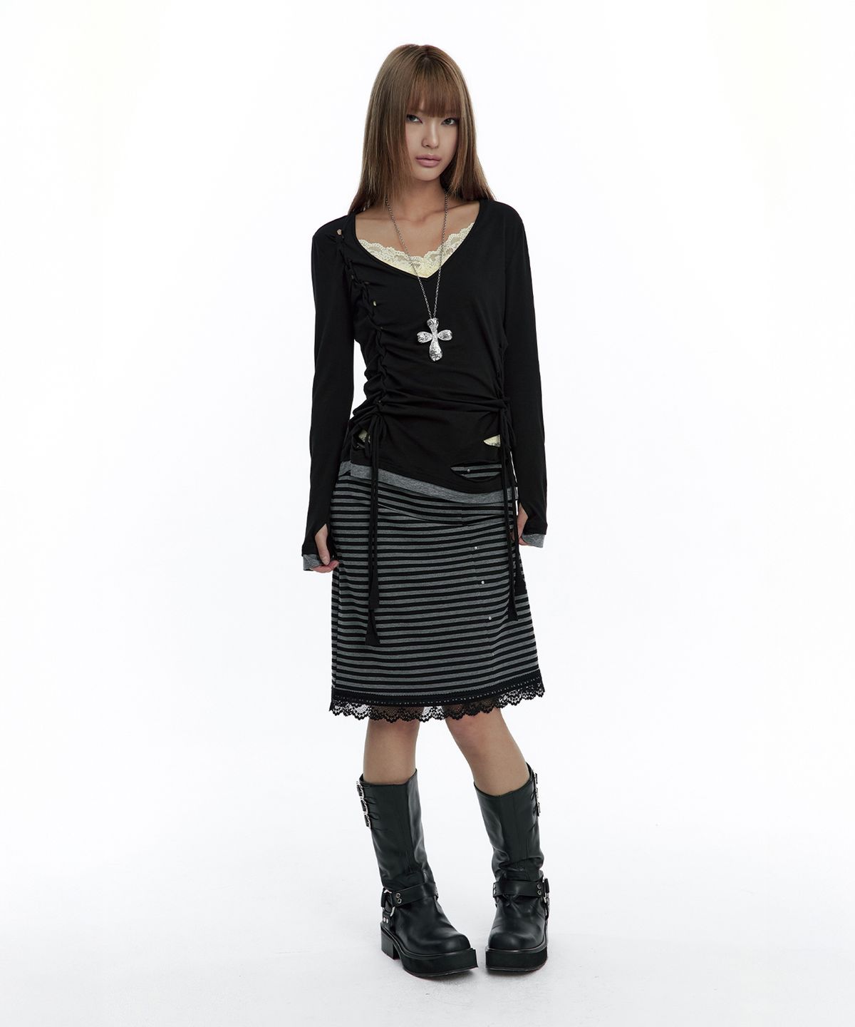러프넥(ROUGHNECK) Grunge Strap Hoodie Black