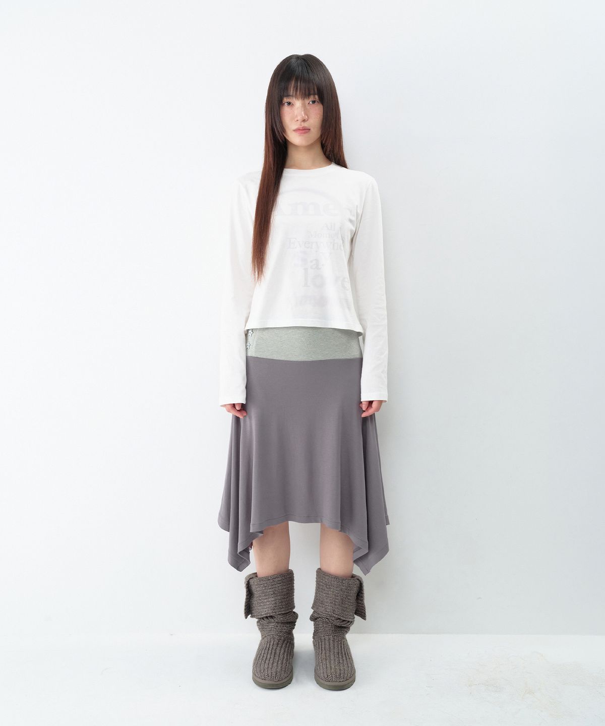 아메스 월드와이드(AMES-WORLDWIDE) BUTTON STRIPE UNBALANCE SKIRT CHARCOAL