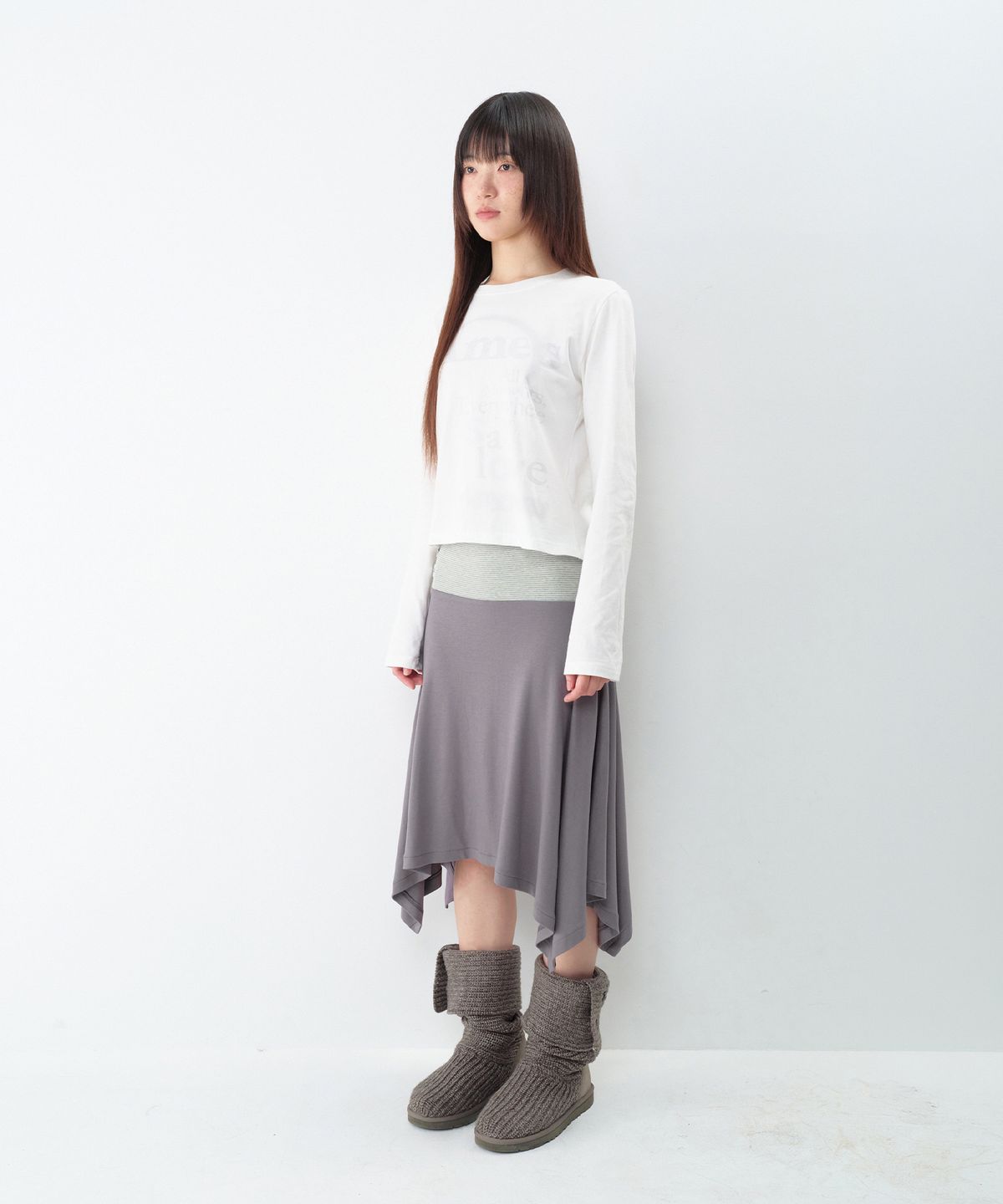 아메스 월드와이드(AMES-WORLDWIDE) BUTTON STRIPE UNBALANCE SKIRT CHARCOAL