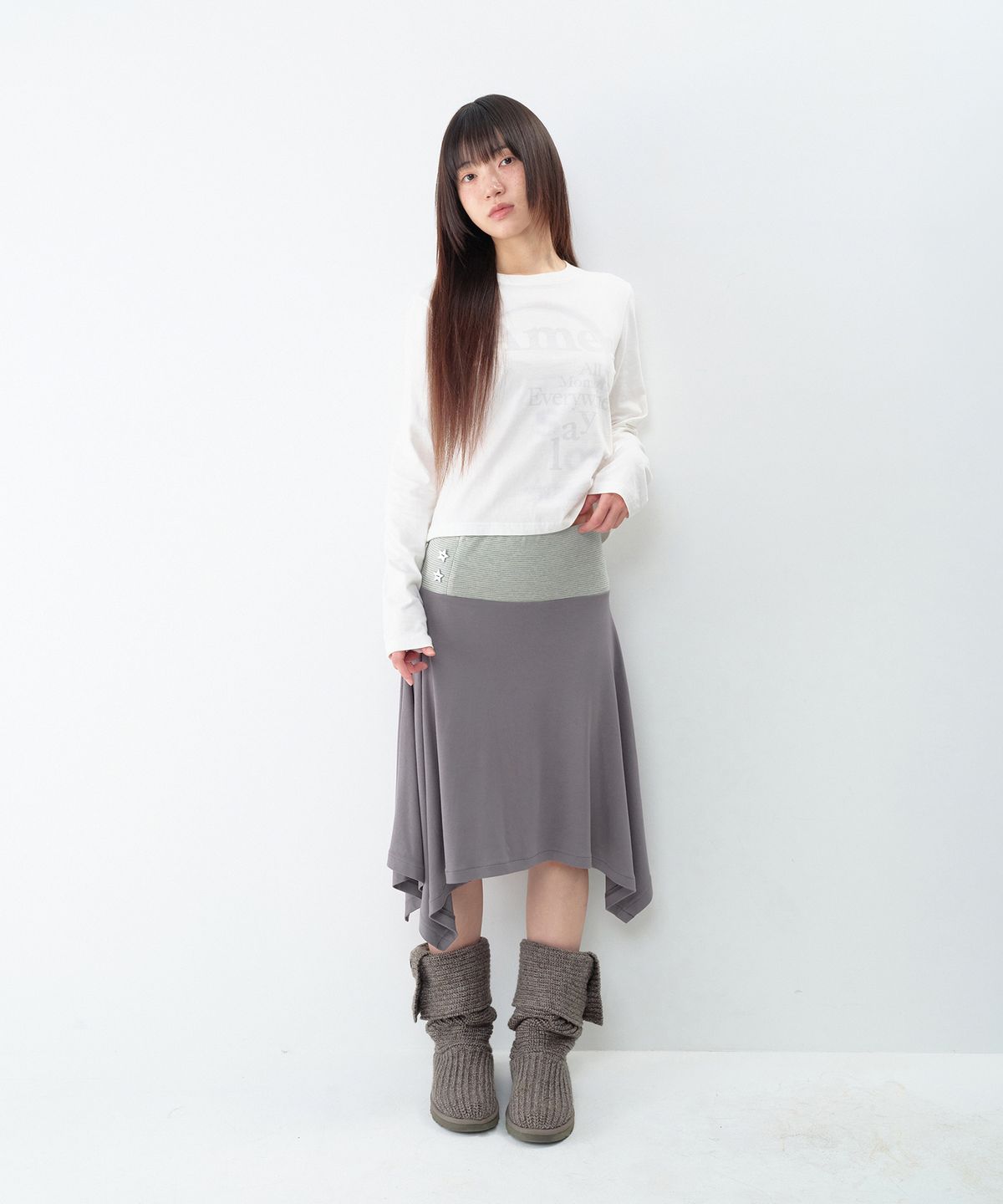 아메스 월드와이드(AMES-WORLDWIDE) BUTTON STRIPE UNBALANCE SKIRT CHARCOAL