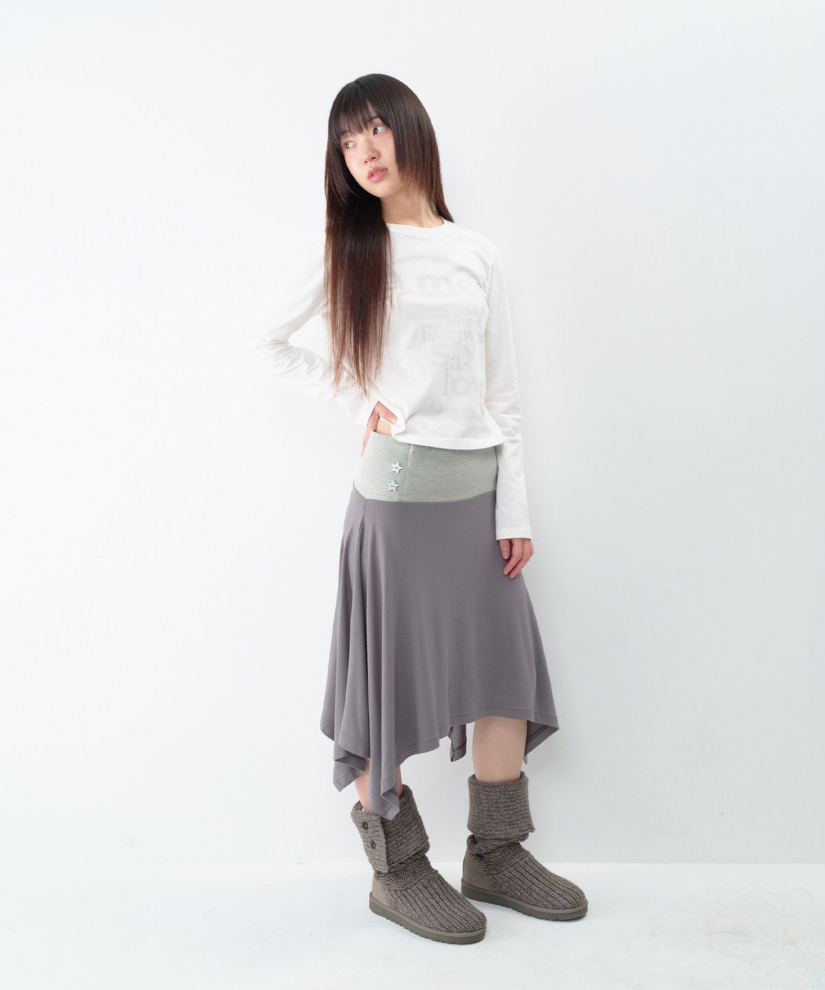아메스 월드와이드(AMES-WORLDWIDE) BUTTON STRIPE UNBALANCE SKIRT CHARCOAL