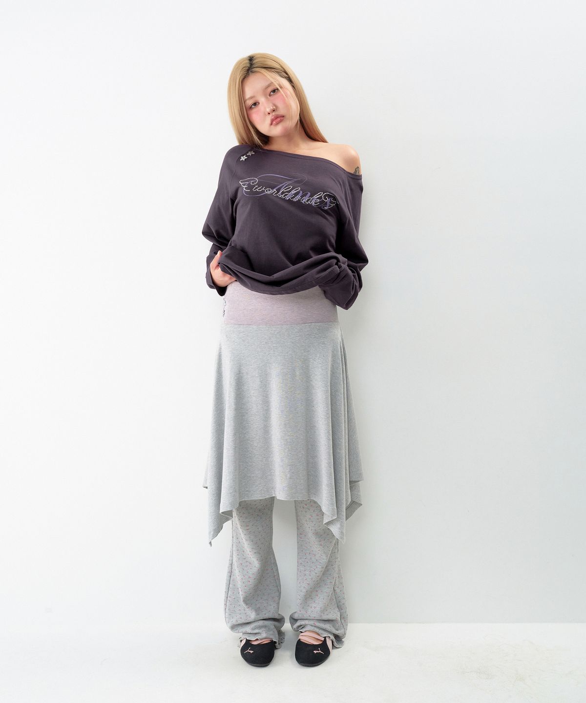 아메스 월드와이드(AMES-WORLDWIDE) BUTTON STRIPE UNBALANCE SKIRT GREY