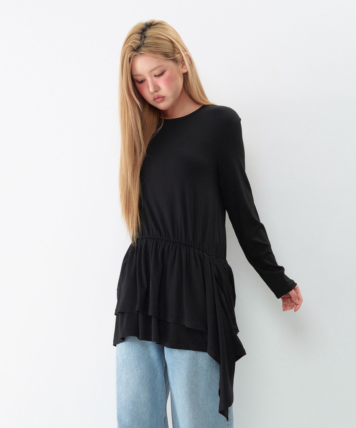 아메스 월드와이드(AMES-WORLDWIDE) JERSEY SHIRRING LAYERED DRESS BLACK