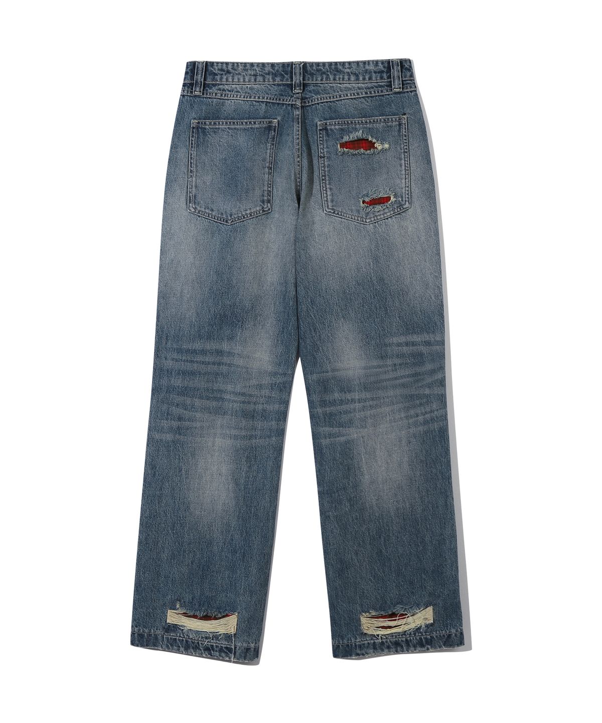 어반스터프(URBANSTOFF) 체크 패치 데미지 데님 팬츠 (미드 블루)