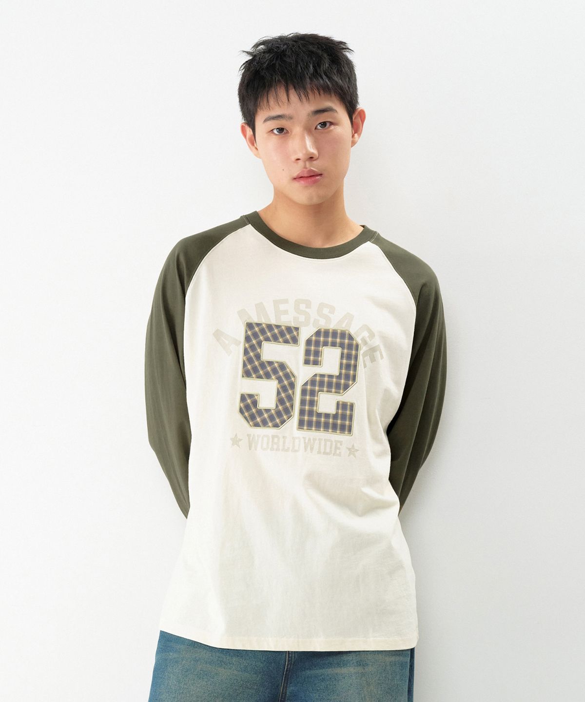 아메스 월드와이드(AMES-WORLDWIDE) 52 CHECK APPLIQUE RAGLAN LS TEE CREAM