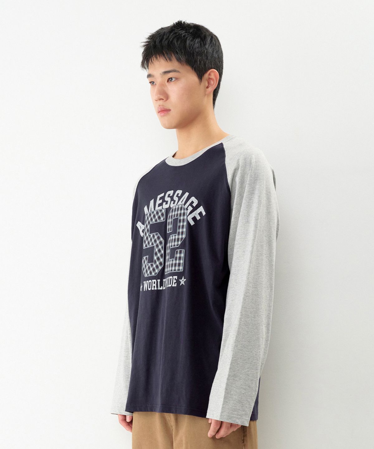 아메스 월드와이드(AMES-WORLDWIDE) 52 CHECK APPLIQUE RAGLAN LS TEE NAVY
