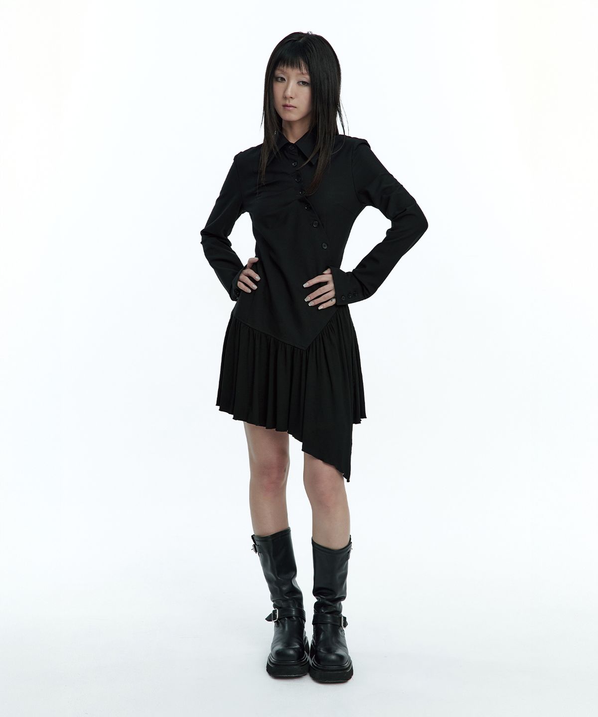 러프넥(ROUGHNECK) Diagonal Pleated Shirt Dress