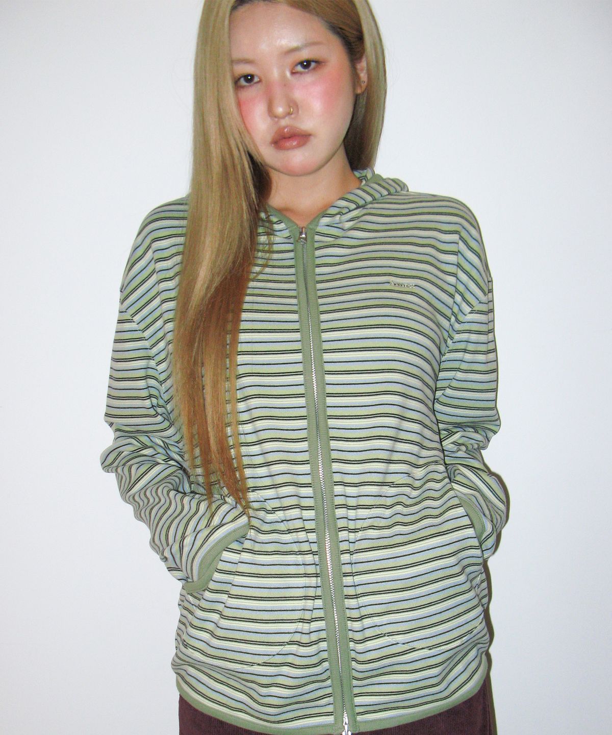 아메스 월드와이드(AMES-WORLDWIDE) STRIPE SOFT HOODIE ZIP-UP GREEN