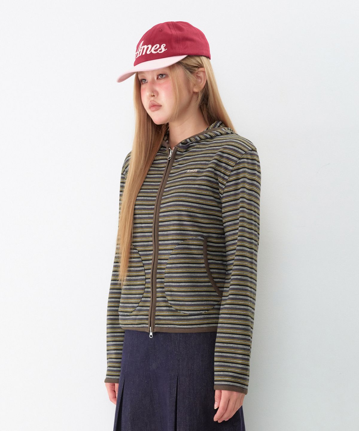 아메스 월드와이드(AMES-WORLDWIDE) STRIPE SOFT HOODIE ZIP-UP KHAKI