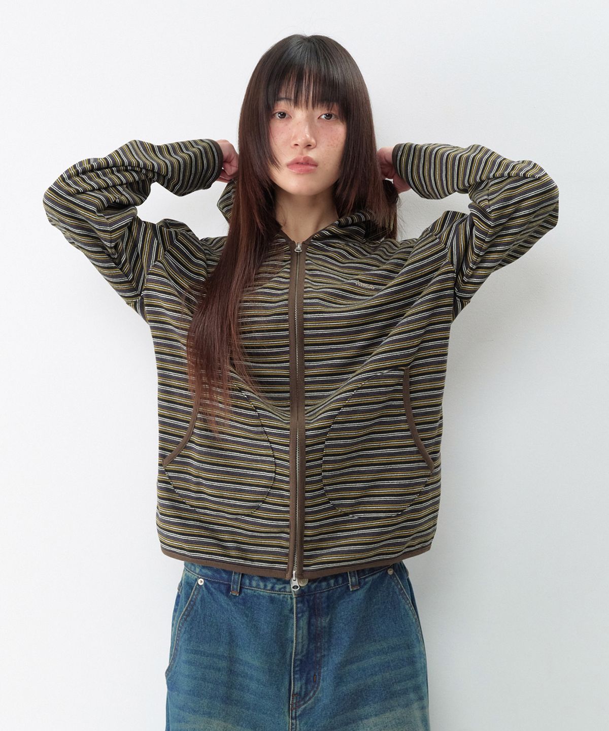 아메스 월드와이드(AMES-WORLDWIDE) STRIPE SOFT HOODIE ZIP-UP KHAKI