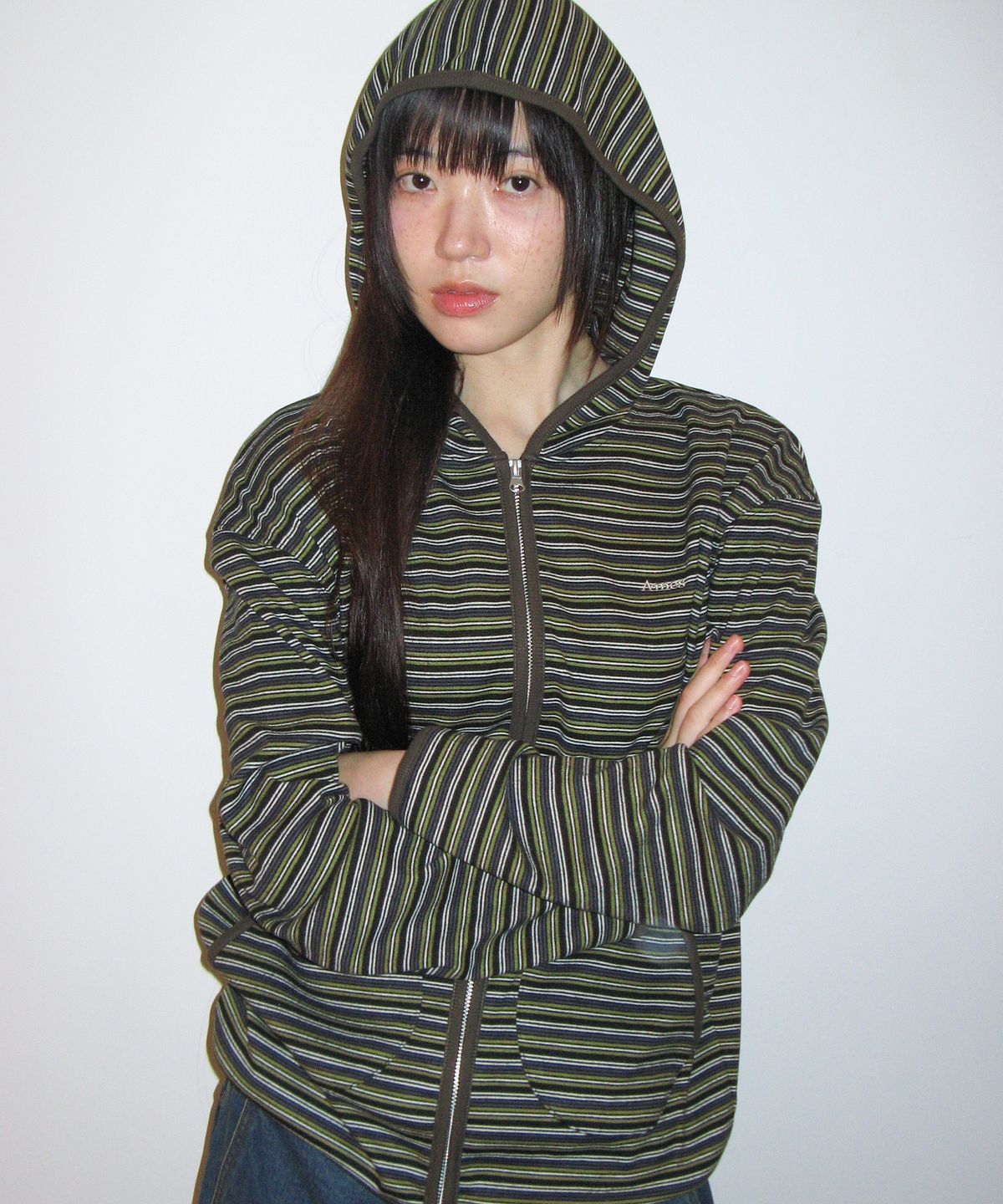 아메스 월드와이드(AMES-WORLDWIDE) STRIPE SOFT HOODIE ZIP-UP KHAKI