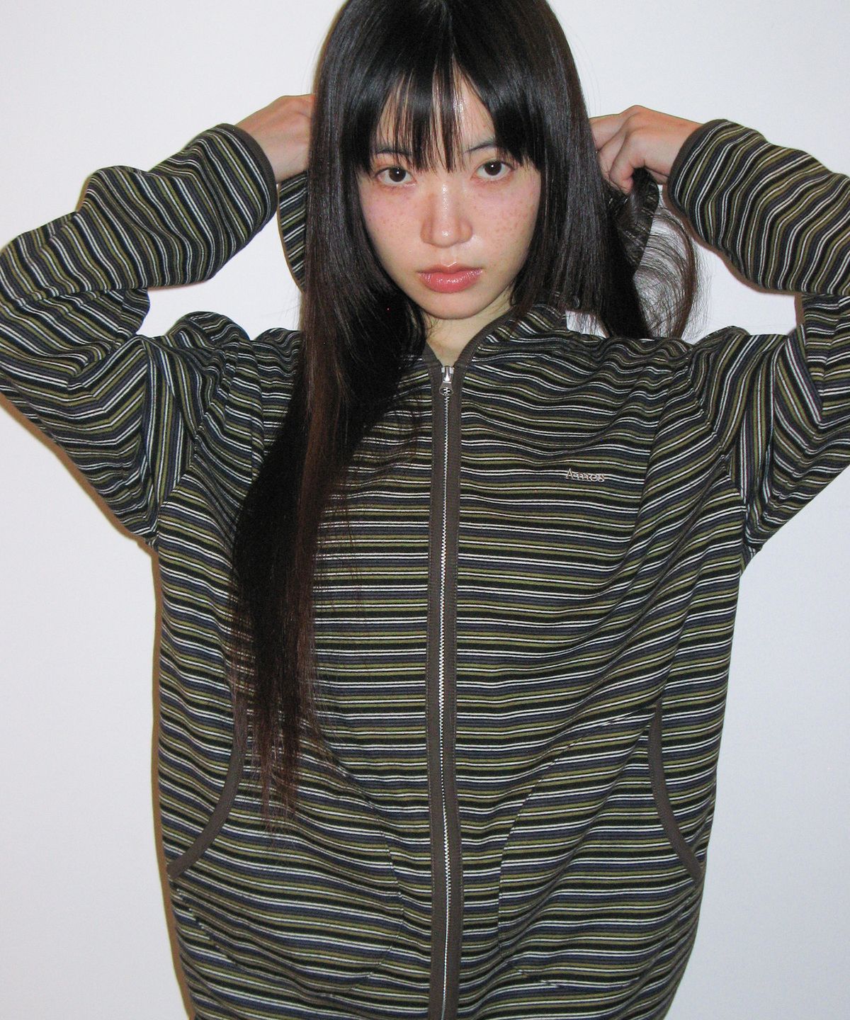 아메스 월드와이드(AMES-WORLDWIDE) STRIPE SOFT HOODIE ZIP-UP KHAKI
