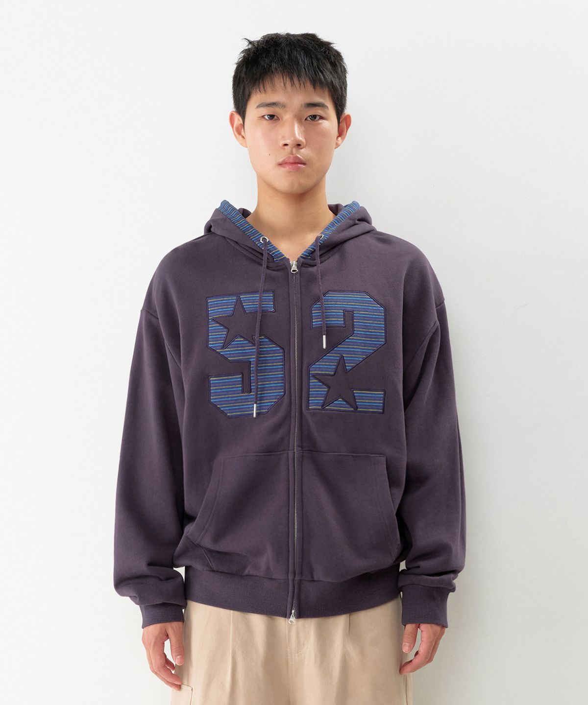 아메스 월드와이드(AMES-WORLDWIDE) 52 STRIPE APPLIQUE HOODIE ZIP-UP PURPLE