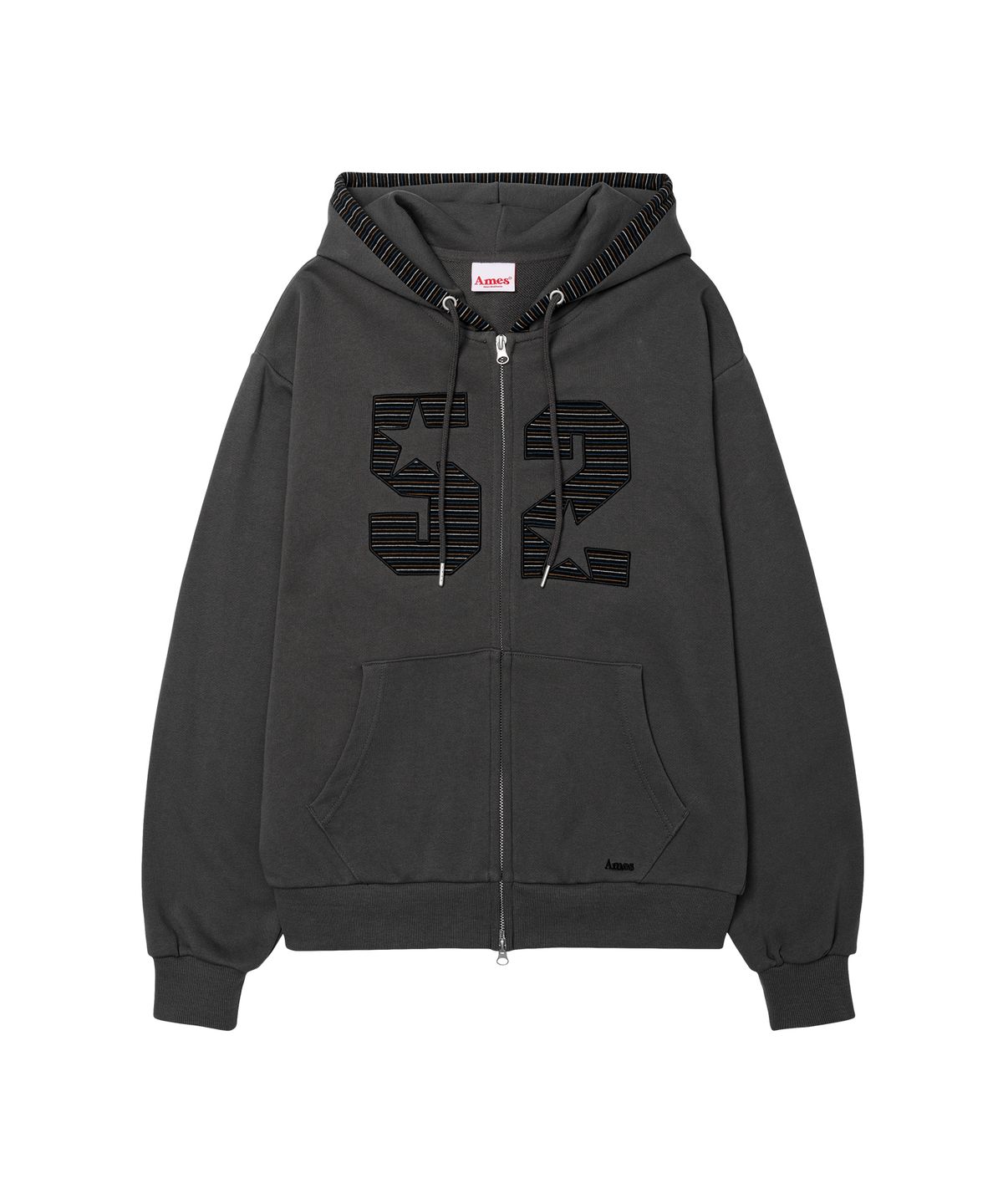 아메스 월드와이드(AMES-WORLDWIDE) 52 STRIPE APPLIQUE HOODIE ZIP-UP CHARCOAL