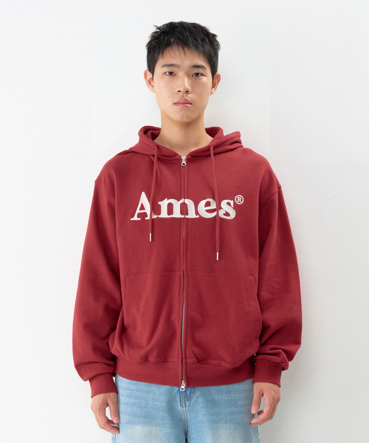 아메스 월드와이드(AMES-WORLDWIDE) BASIC LOGO HOODIE ZIP UP BURGUNDY