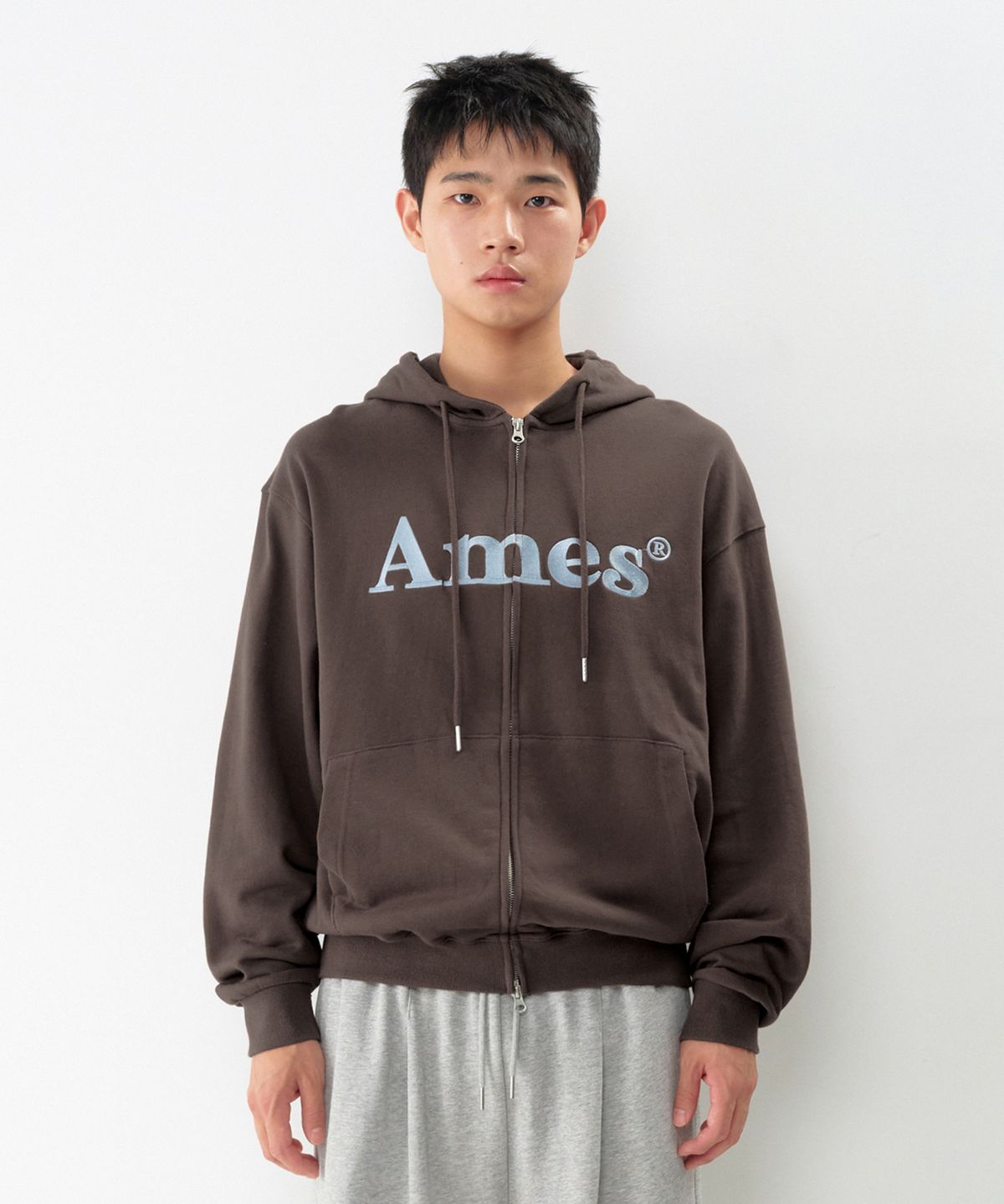 아메스 월드와이드(AMES-WORLDWIDE) BASIC LOGO HOODIE ZIP UP BROWN