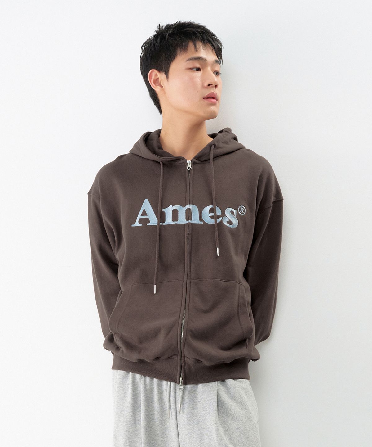 아메스 월드와이드(AMES-WORLDWIDE) BASIC LOGO HOODIE ZIP UP BROWN