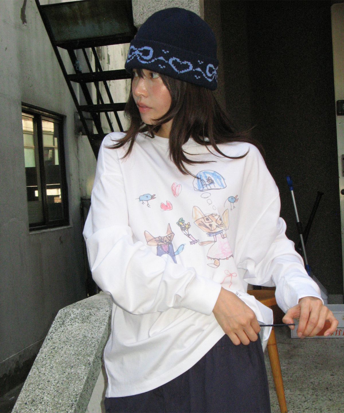 론론(RONRON) RIBBON JACQUARD BEANIE NAVY