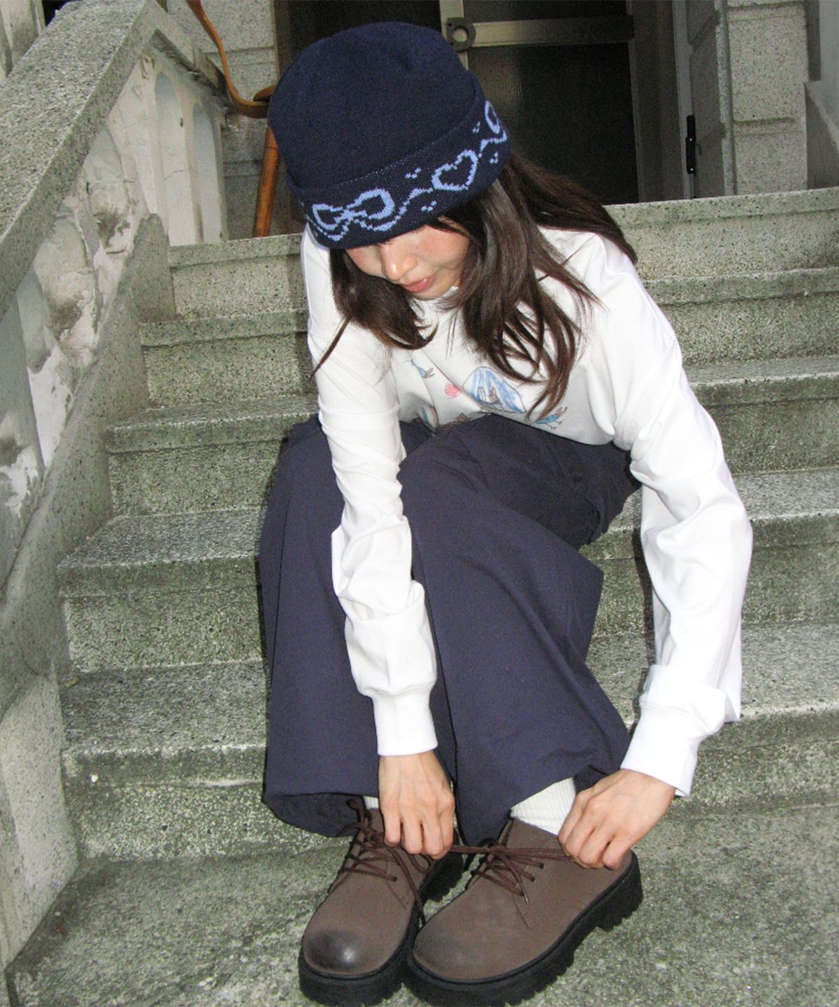 론론(RONRON) RIBBON JACQUARD BEANIE NAVY