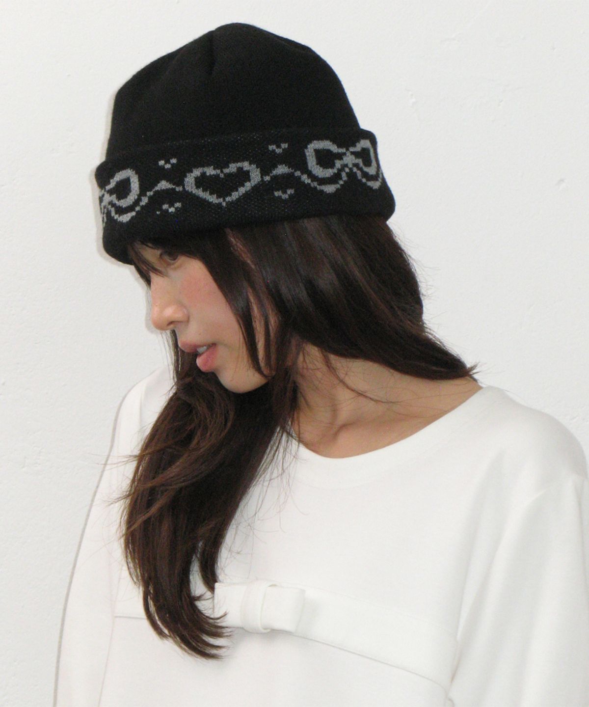 론론(RONRON) RIBBON JACQUARD BEANIE BLACK