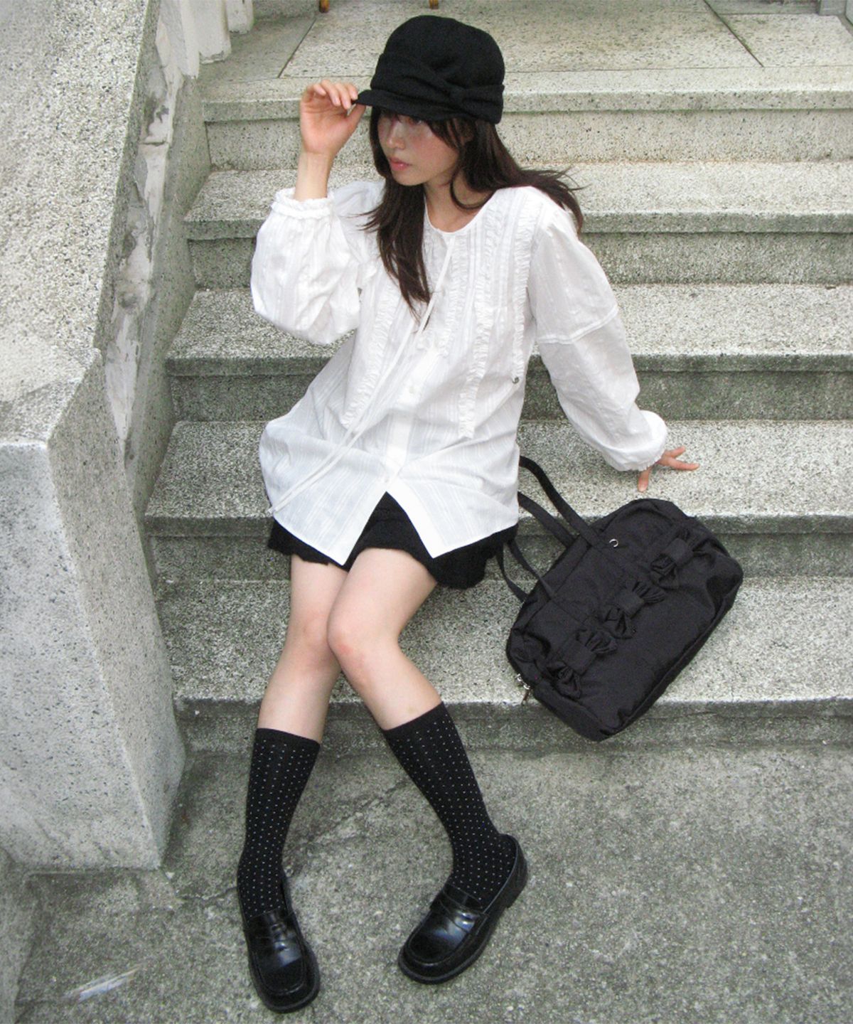 론론(RONRON) DOUBLE MINI RIBBON TOTE BAG BLACK