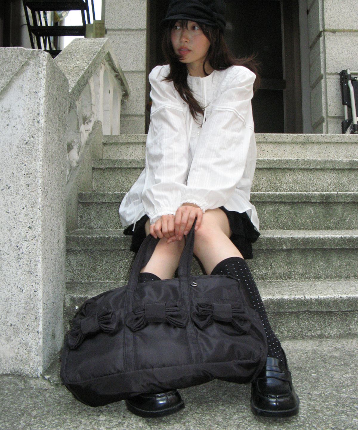론론(RONRON) DOUBLE MINI RIBBON TOTE BAG BLACK