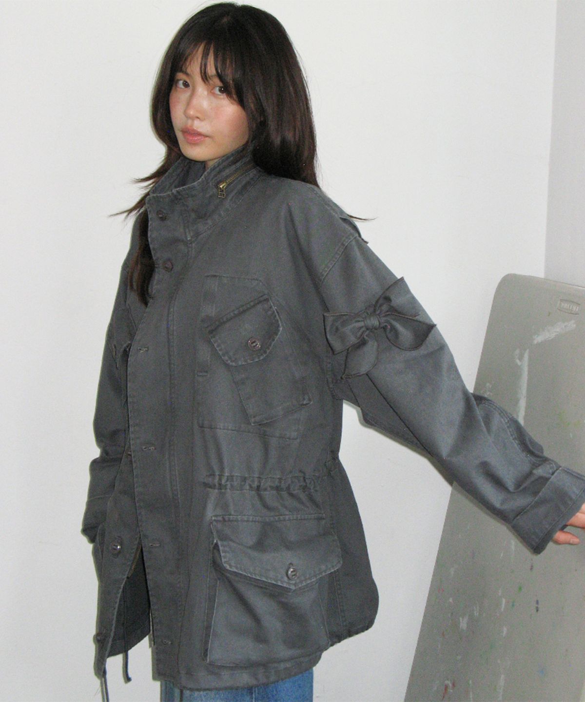 론론(RONRON) RIBBON POCKET FIELD JACKET CHARCOAL