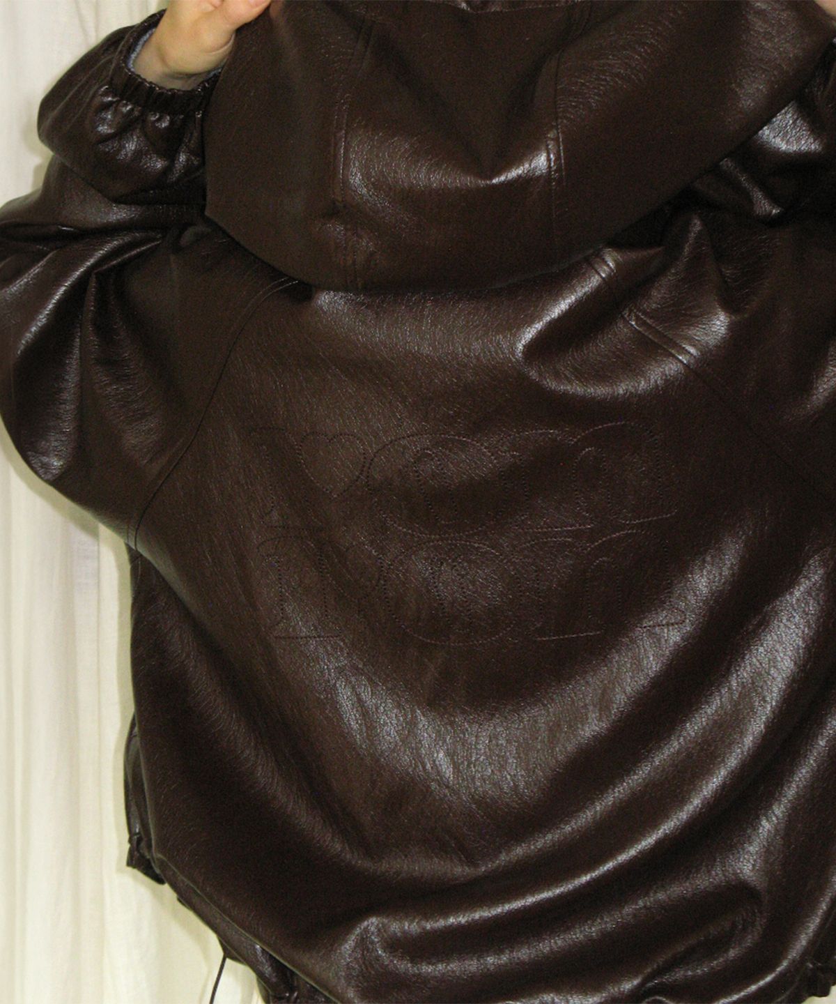 론론(RONRON) VEGAN LEATHER LOGO HOODIE ZIP UP BROWN