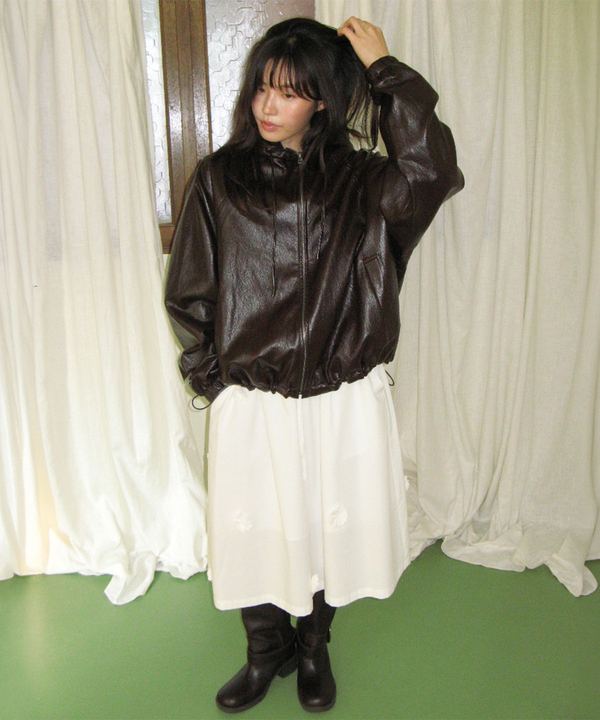 론론(RONRON) VEGAN LEATHER LOGO HOODIE ZIP UP BROWN