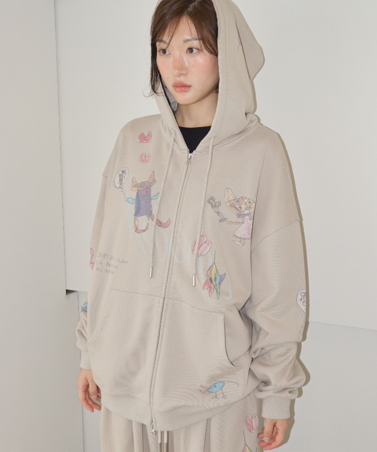 론론(RONRON) KIDS CAT DOODLE HOODIE ZIP UP ASH GREY
