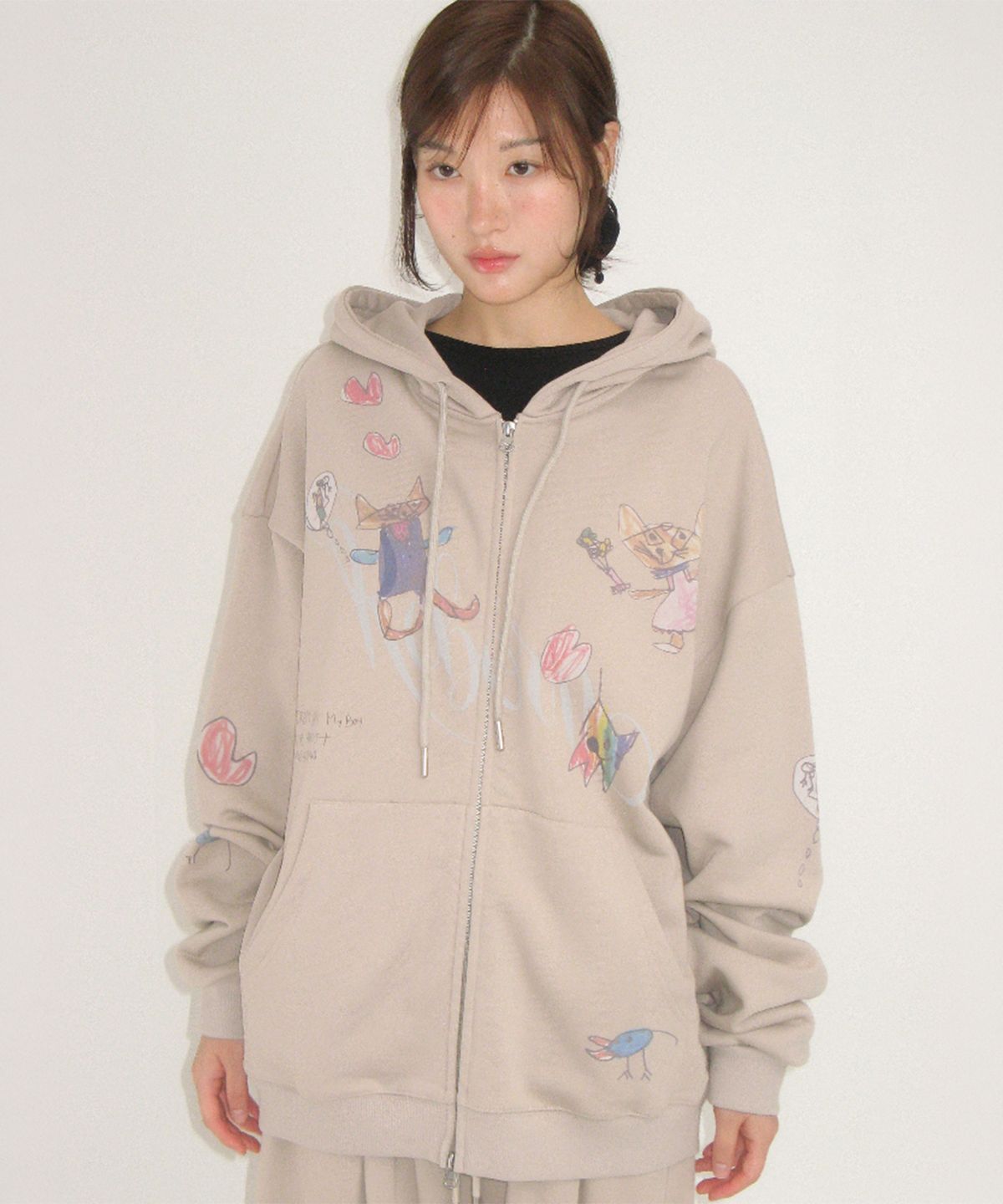 론론(RONRON) KIDS CAT DOODLE HOODIE ZIP UP ASH GREY