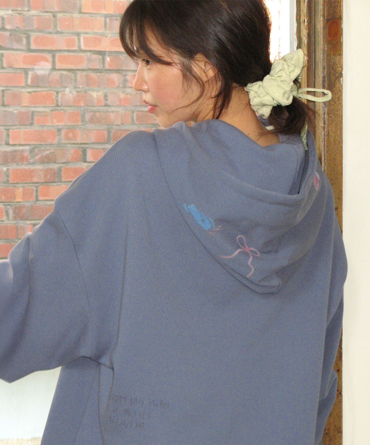 론론(RONRON) KIDS CAT DOODLE HOODIE ZIP UP DUSTY BLUE