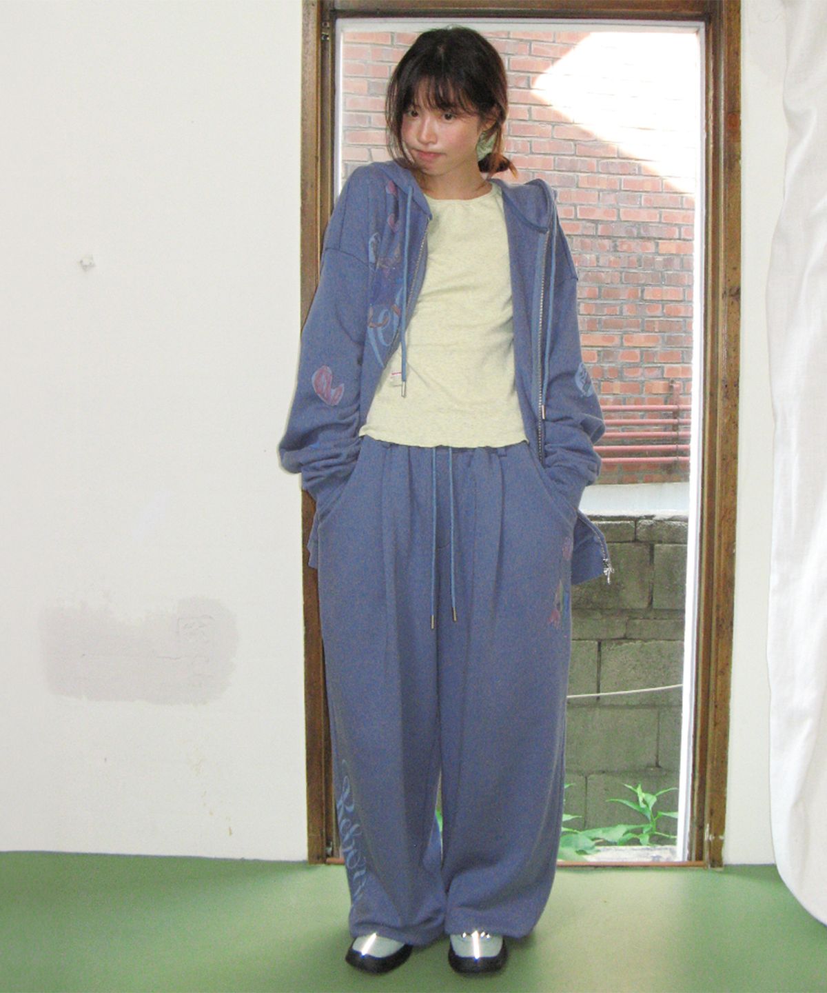 론론(RONRON) KIDS CAT DOODLE HOODIE ZIP UP DUSTY BLUE