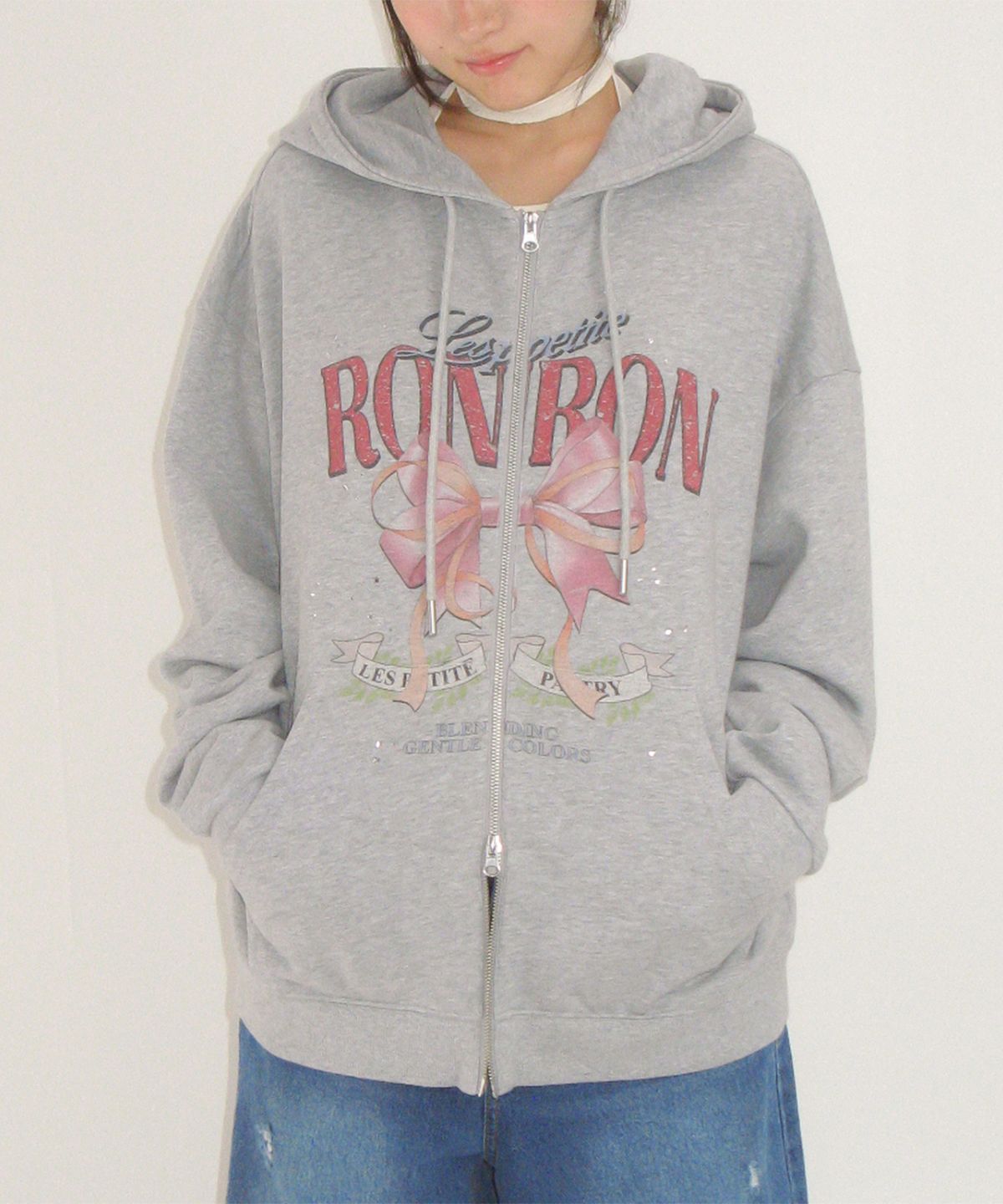 론론(RONRON) VINTAGE DOUBLE RIBBON HOODIE ZIP UP GREY