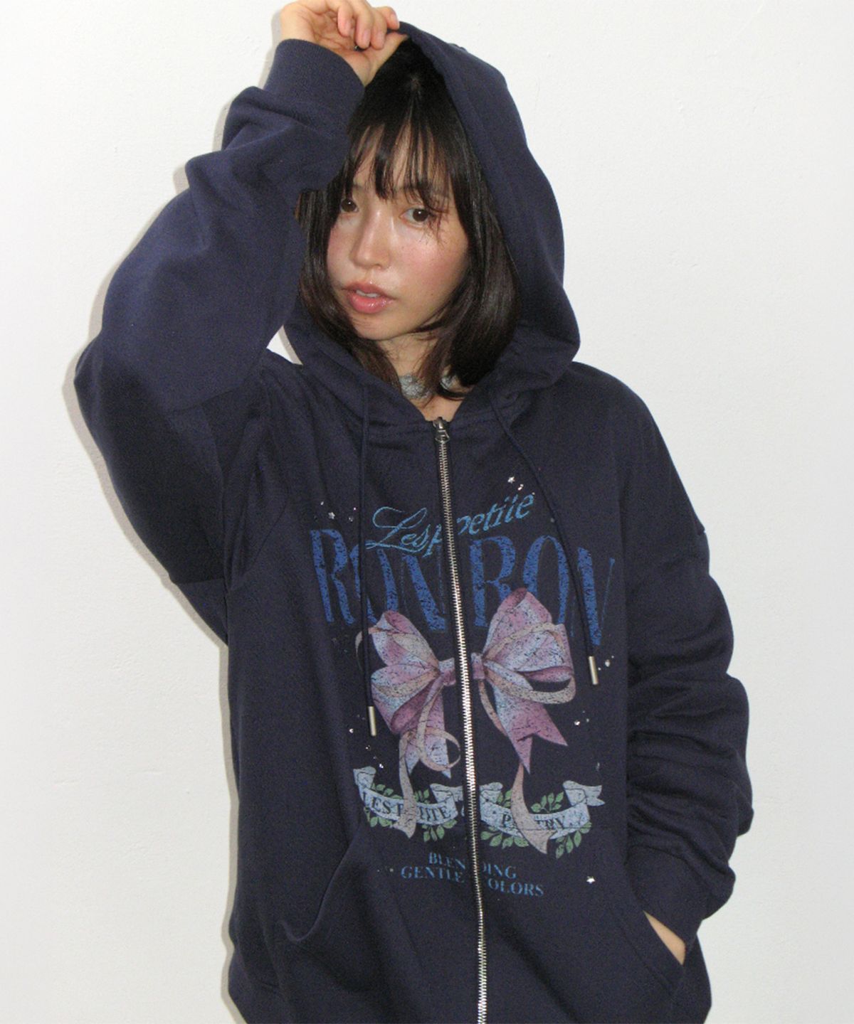 론론(RONRON) VINTAGE DOUBLE RIBBON HOODIE ZIP UP NAVY